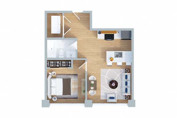 A floor plan of a house with a kitchen, living room, dining room, and bathroom.