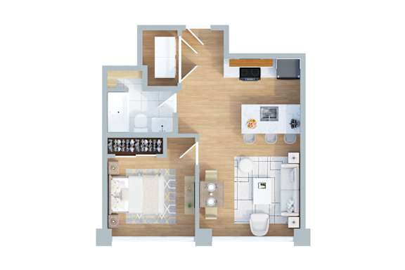 A floor plan of a house with a kitchen, living room, dining room, and bathroom.