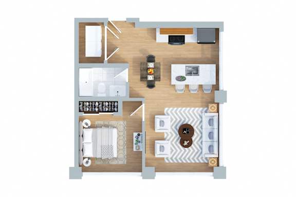 A floor plan of a house with a kitchen, living room, dining room, and bathrooms.