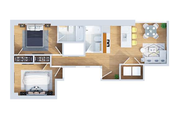 A floor plan of a house with a kitchen, living room, and two bedrooms.