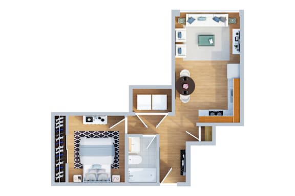 A floor plan of a house with a kitchen, living room, and bathroom.