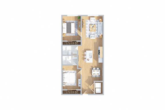 A floor plan of a house with a living room, two kitchens, and a dining room.