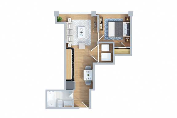 A floor plan of a house with a kitchen, living room, and two bedrooms.