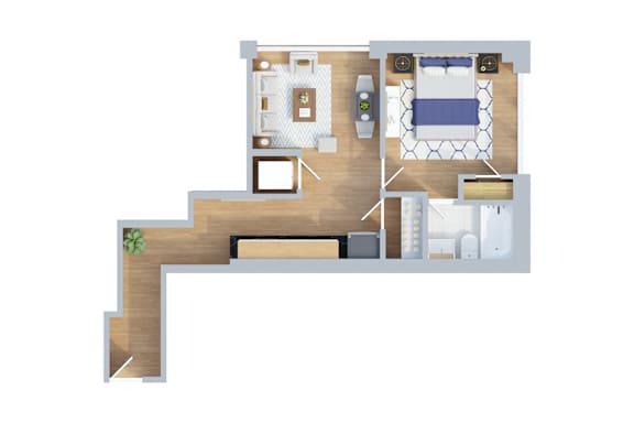 A floor plan of a house with a kitchen, living room, and two bedrooms.