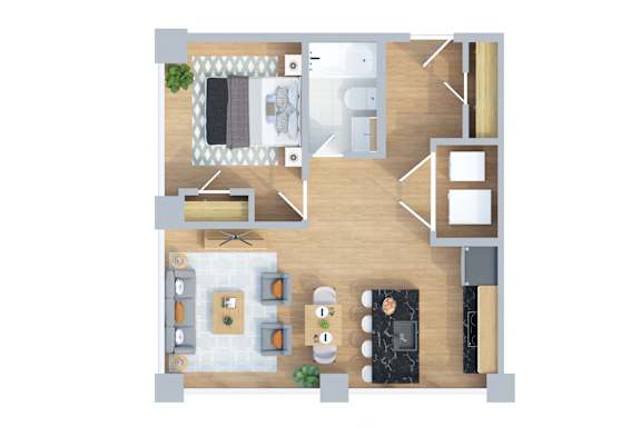 A top-down view of a kitchen and dining area with a table set for four.
