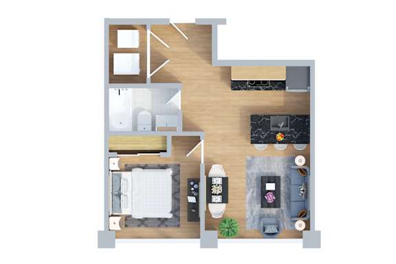 A top down view of a living room, kitchen, and dining area.