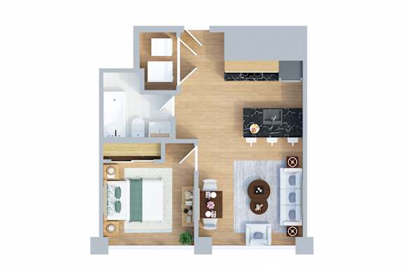A floor plan of a house with a kitchen, living room, dining area, and bathroom.