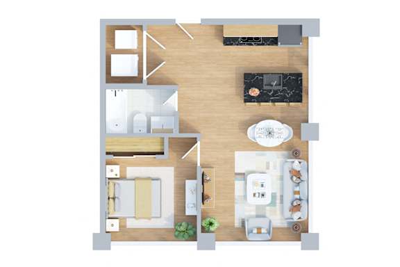 A top-down view of a kitchen, dining area, and living room.