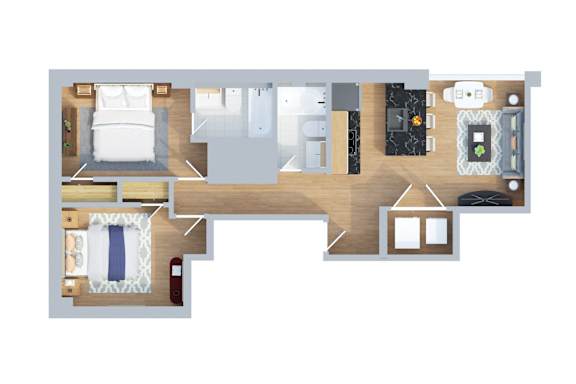 A floor plan of a house with a bedroom, living room, kitchen, and bathroom.