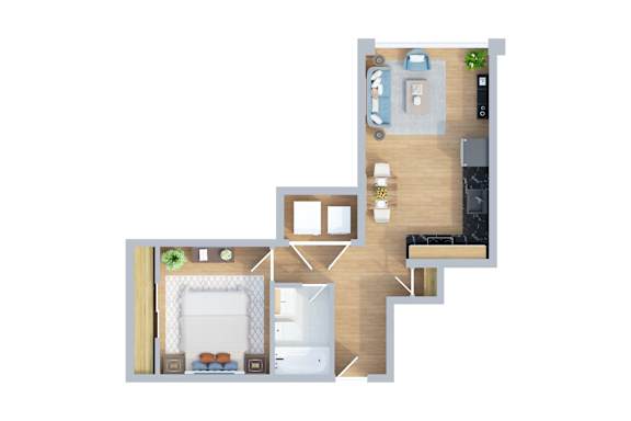 A top down view of a house with a living room, kitchen, and bedrooms.