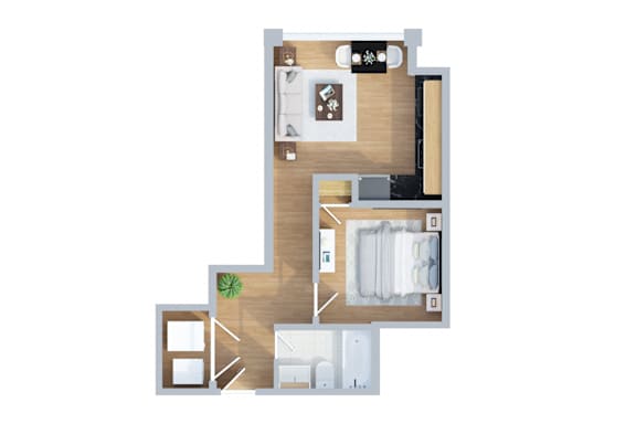 A floor plan of a house with a kitchen, living room, and bathroom.