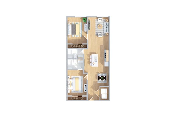 A floor plan of a house with a kitchen, living room, and two bedrooms.