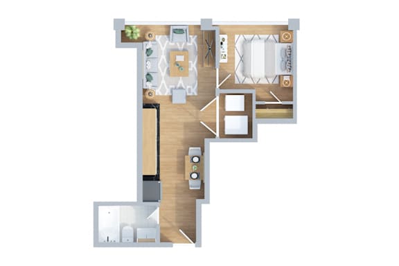 A floor plan of a house with a kitchen, living room, and two bedrooms.
