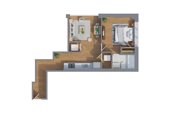 A drawing of a house with a kitchen, living room, and bathroom.