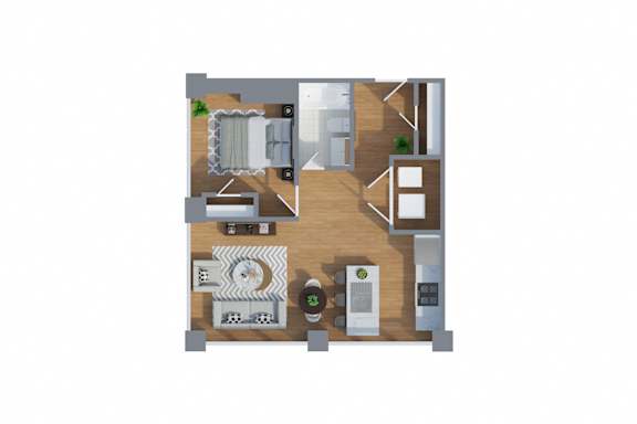 A floor plan of a small apartment with a kitchen, living room, and bathroom.