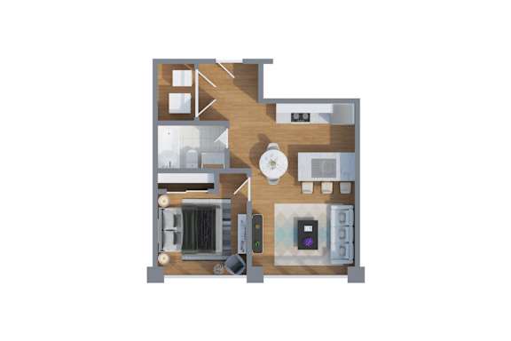 A 3D rendered image of a house layout.