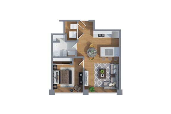 A 3D floor plan of a house with a kitchen, living room, and two bedrooms.