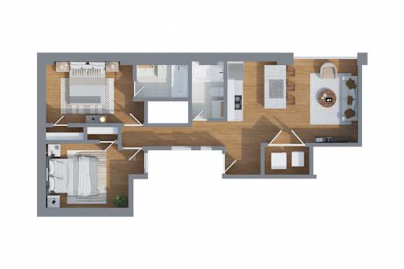 A floor plan of a house with a kitchen, living room, and bedrooms.