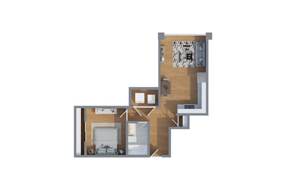 A 3D rendered image of a house layout.