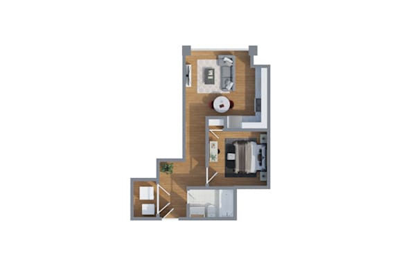 A 3D image of a house layout with a kitchen, living room, and bathroom.