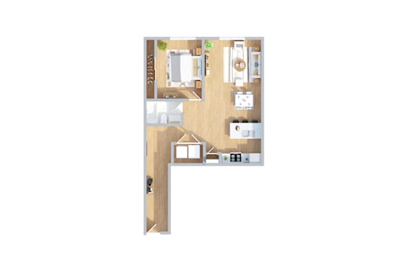 A floor plan of a house with a kitchen, living room, and two bedrooms.