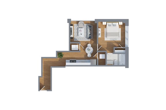 A floor plan of a house with a kitchen, living room, and two bedrooms.