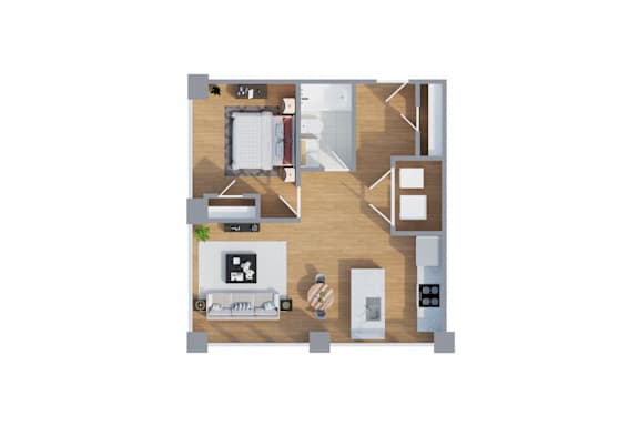 A floor plan of a small apartment with a kitchen, living room, and bedroom.