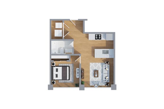 A floor plan of a house with a kitchen, living room, and two bedrooms.
