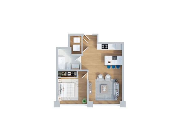 A floor plan of a house with a kitchen, living room, and two bedrooms.