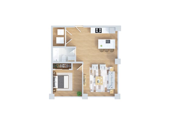 A top-down view of a house layout with a kitchen, living room, and two bedrooms.