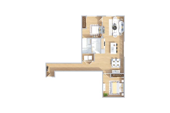A floor plan of a house with a kitchen, living room, and two bedrooms.