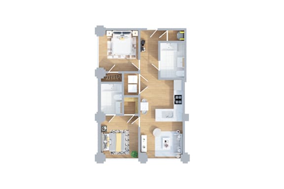 A floor plan of a house with a kitchen, living room, dining room, and two bedrooms.