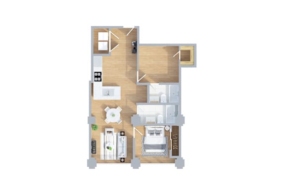 A floor plan of a small apartment with two bedrooms and a living area.