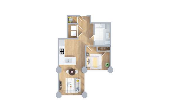 A floor plan of a house with a kitchen, living room, and two bedrooms.