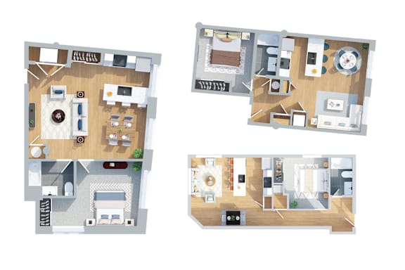 three dimensional floor plans of a house with different layouts
