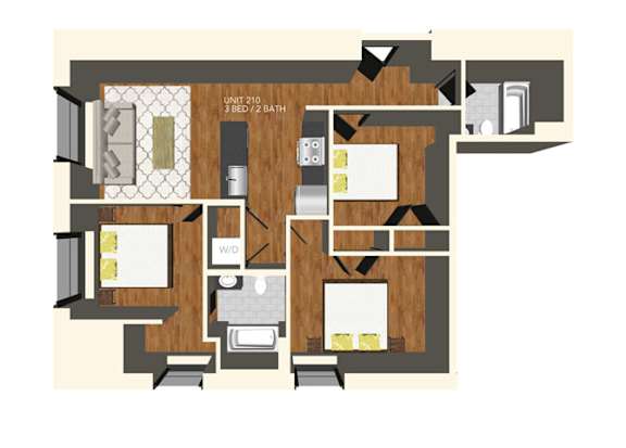 A floor plan of a unit with a bathroom and a kitchen.
