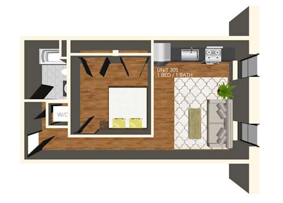 A floor plan of a unit with a bed, bath, and kitchenette.