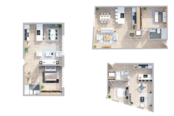 Four different layouts of a kitchen, living room, dining room, and bedroom.