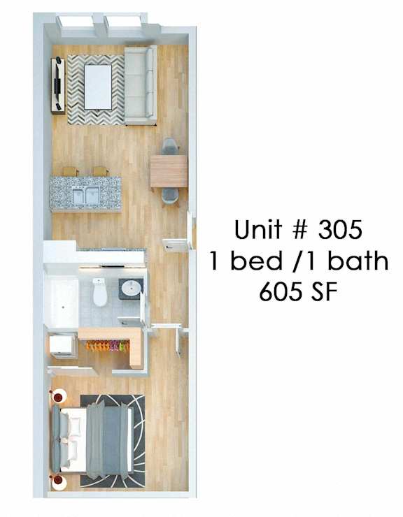 A diagram of a small apartment with one bed and one bath.