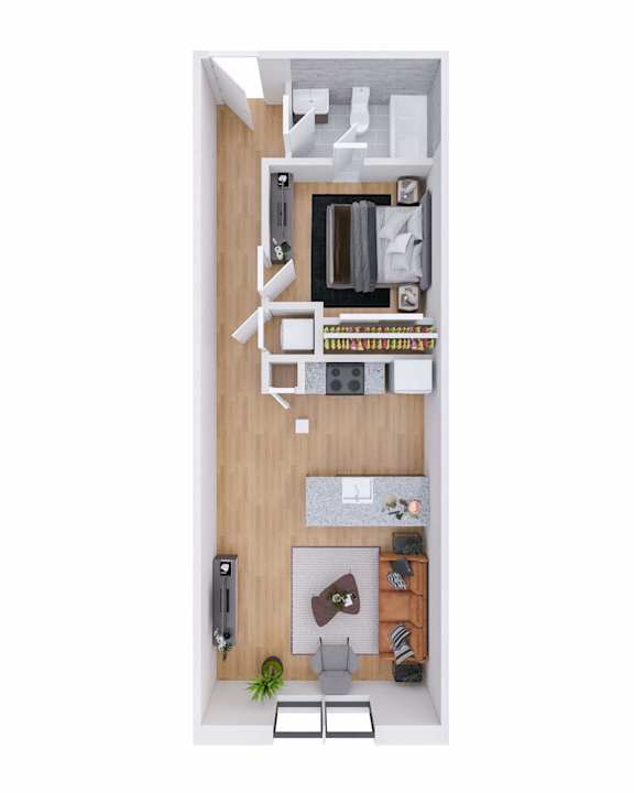 A top-down view of a small apartment with a kitchen, living room, and bathroom.
