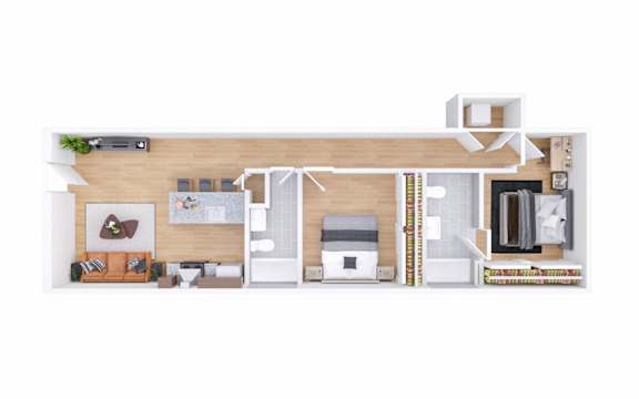 A top-down view of a small apartment with a kitchen, living room, and bedroom.
