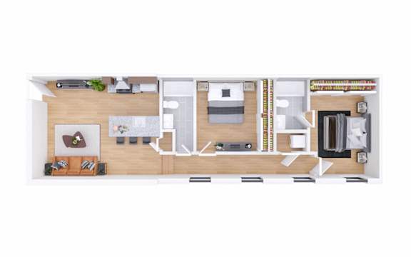 A floor plan of a house with a kitchen, living room, and bathroom.