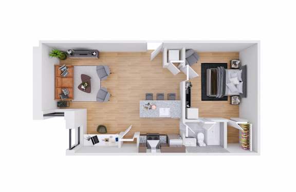 A top-down view of a modern, minimalist living space with a kitchen area.