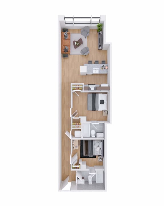 A floor plan of a two-bedroom apartment with a living room, kitchen, and bathroom.