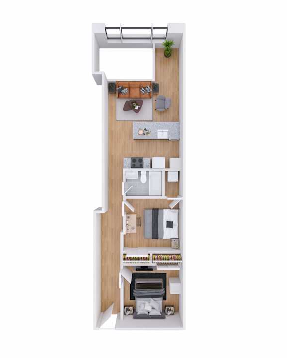 A top-down view of a small apartment with a kitchen, living room, and bathroom.