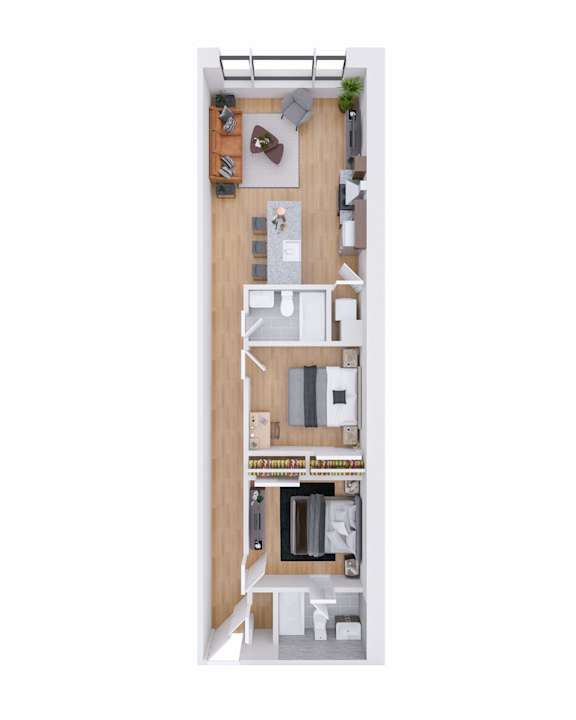 A floor plan of a small apartment with a kitchen, living room, and bedroom.