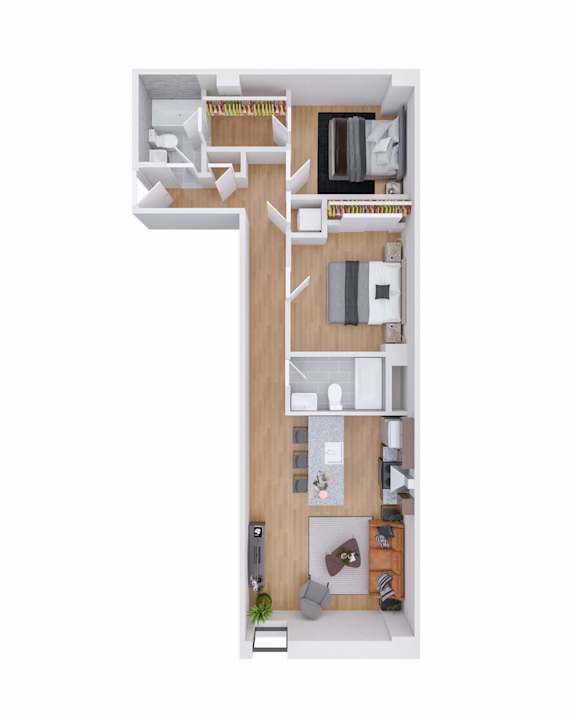 A top down view of a house layout with a kitchen, living room, and bedrooms.