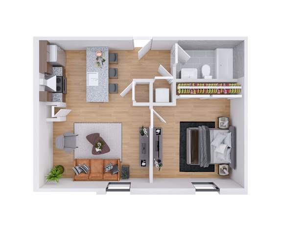 A top-down view of a modern apartment layout.