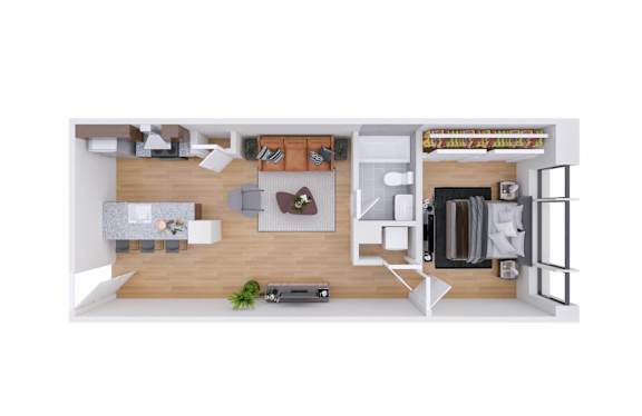 A 3D floor plan of a modern apartment layout.