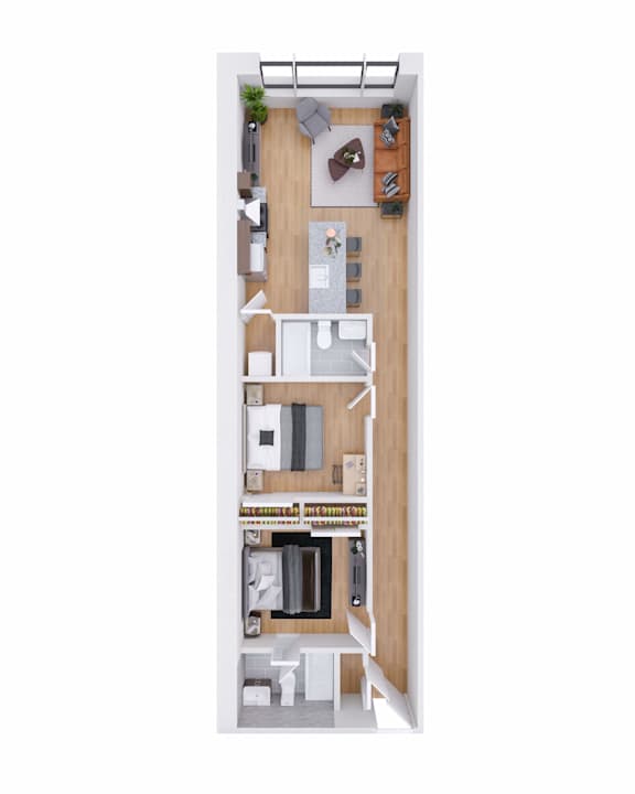 A top-down view of a small apartment with a kitchen, living room, and bedroom.